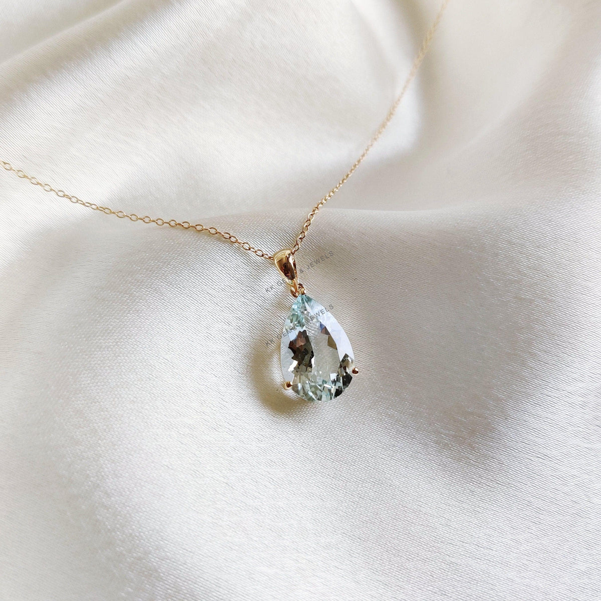 14K Solid Yellow Gold Natural Aquamarine Pear Pendant, March Birthstone