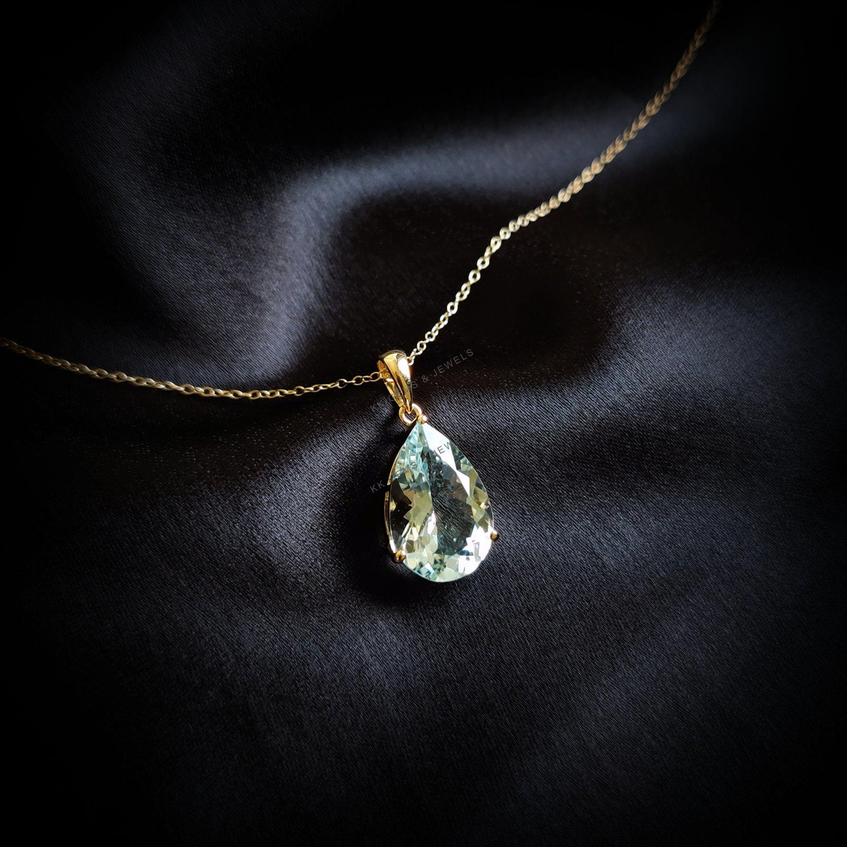 14K Solid Yellow Gold Natural Aquamarine Pear Pendant, March Birthstone
