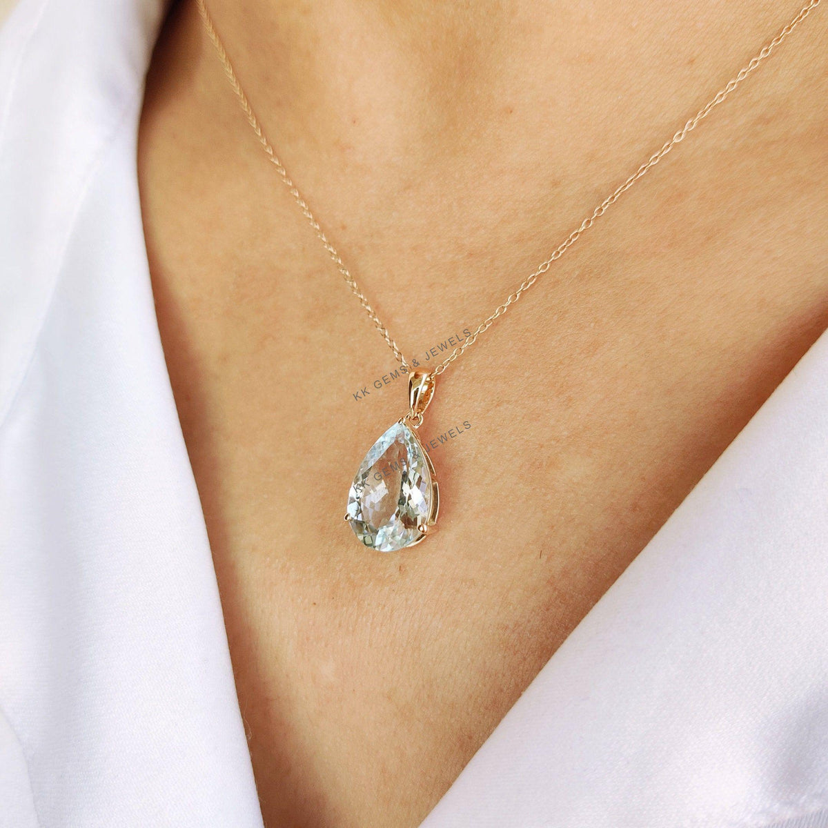 14K Solid Yellow Gold Natural Aquamarine Pear Pendant, March Birthstone