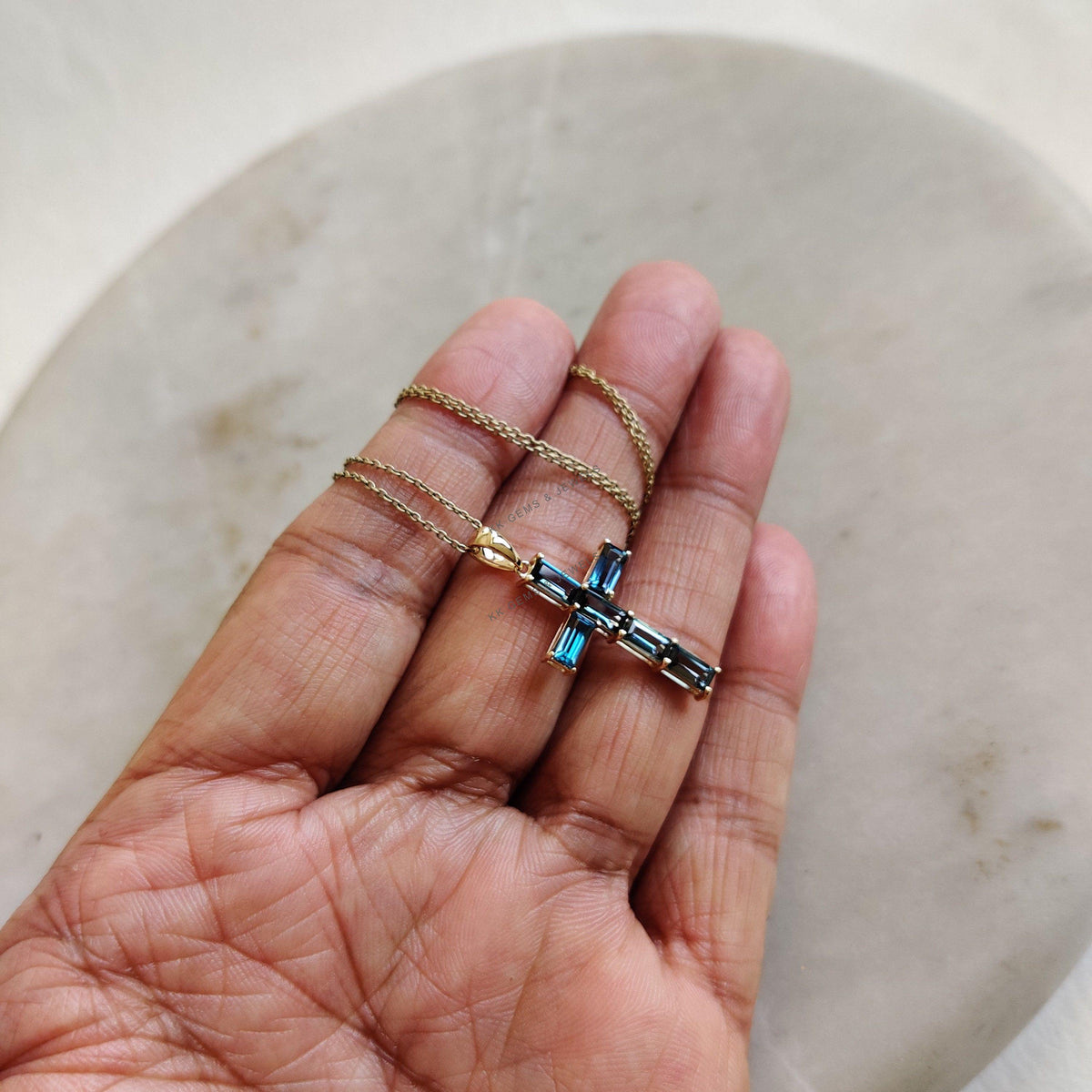 Natural London Blue Topaz Cross Pendant, 14K Solid Yellow Gold, Christmas Gift