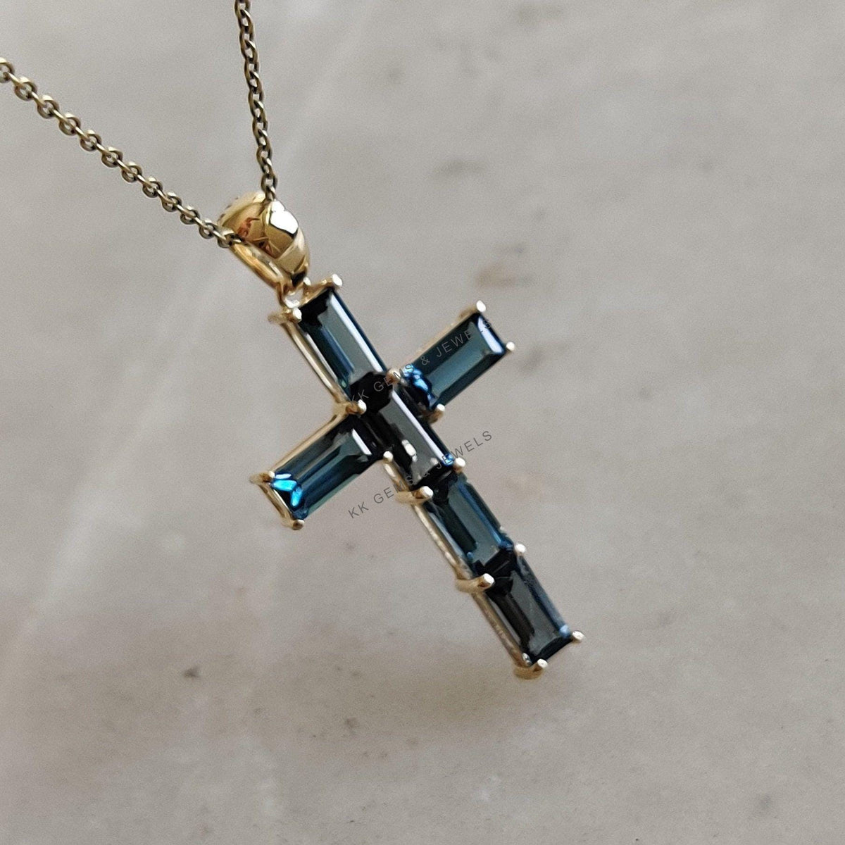 Natural London Blue Topaz Cross Pendant, 14K Solid Yellow Gold, Christmas Gift