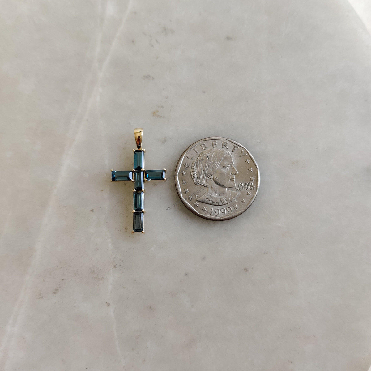 Natural London Blue Topaz Cross Pendant, 14K Solid Yellow Gold, Christmas Gift