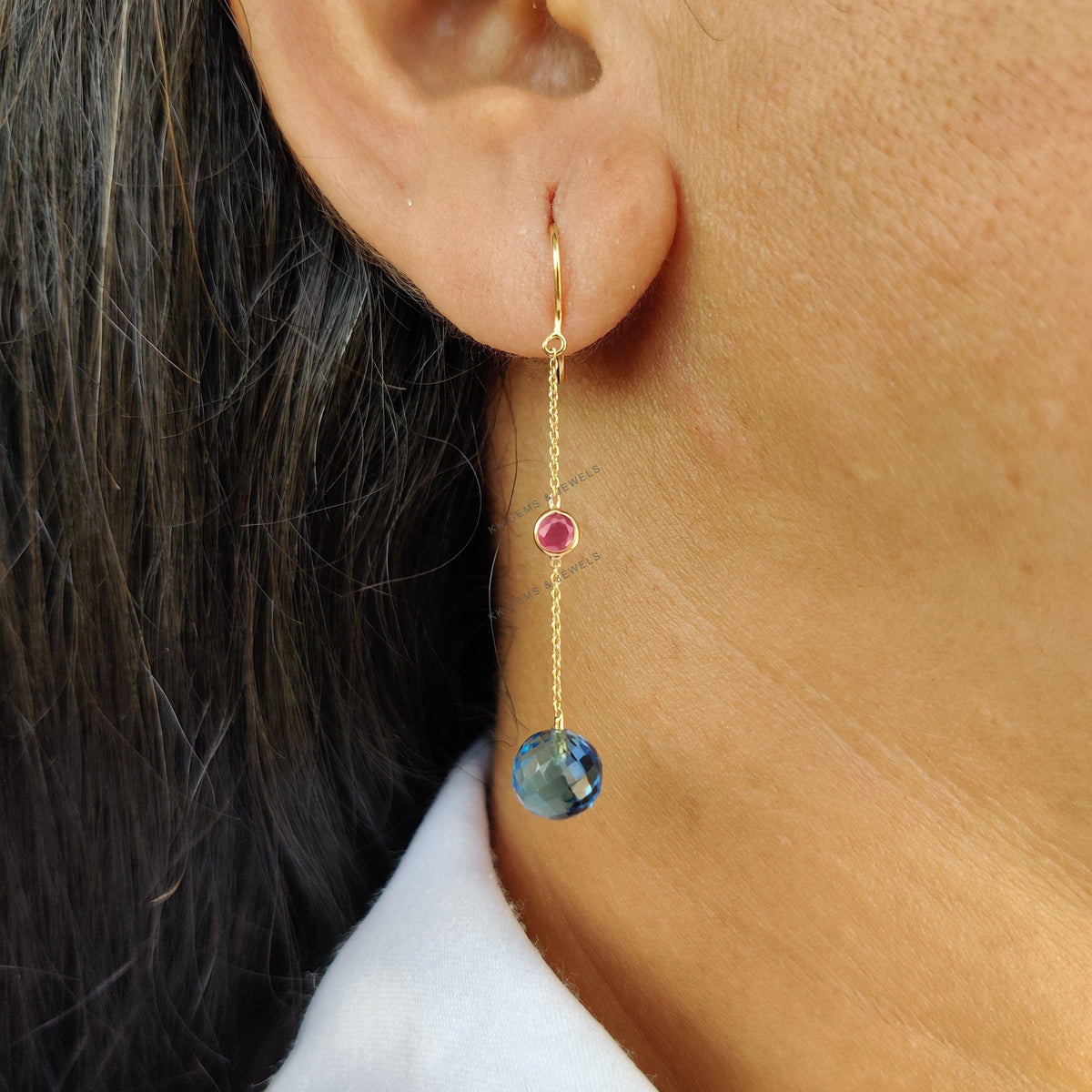 Natural Ruby and Swiss Blue Topaz 14K Solid Gold Drop Earrings