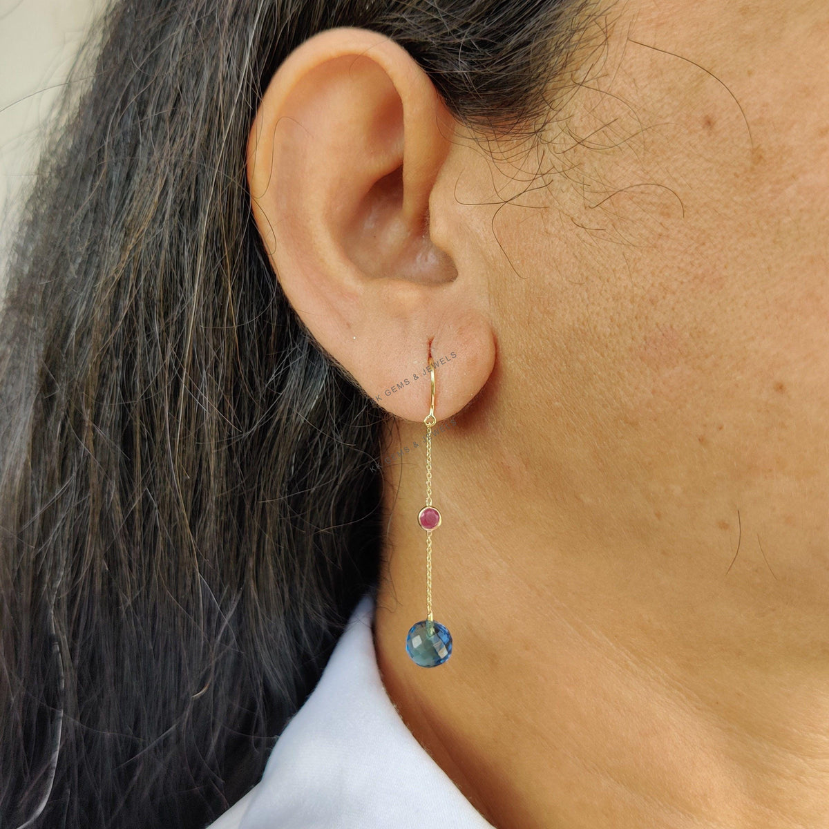 Natural Ruby and Swiss Blue Topaz 14K Solid Gold Drop Earrings