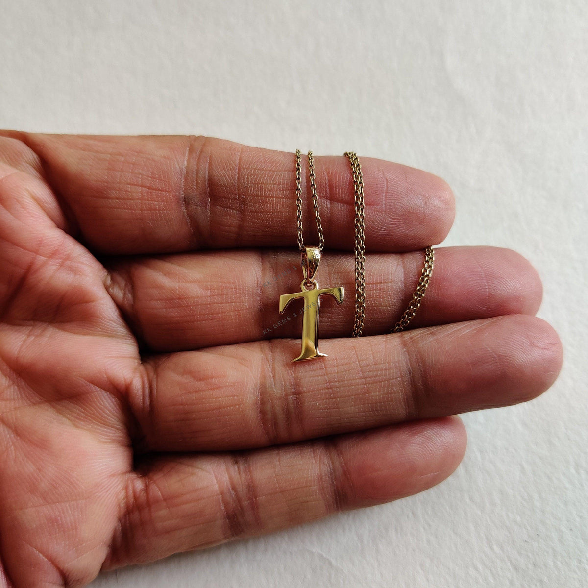 14K Solid Yellow Gold Initial T Pendant Charm