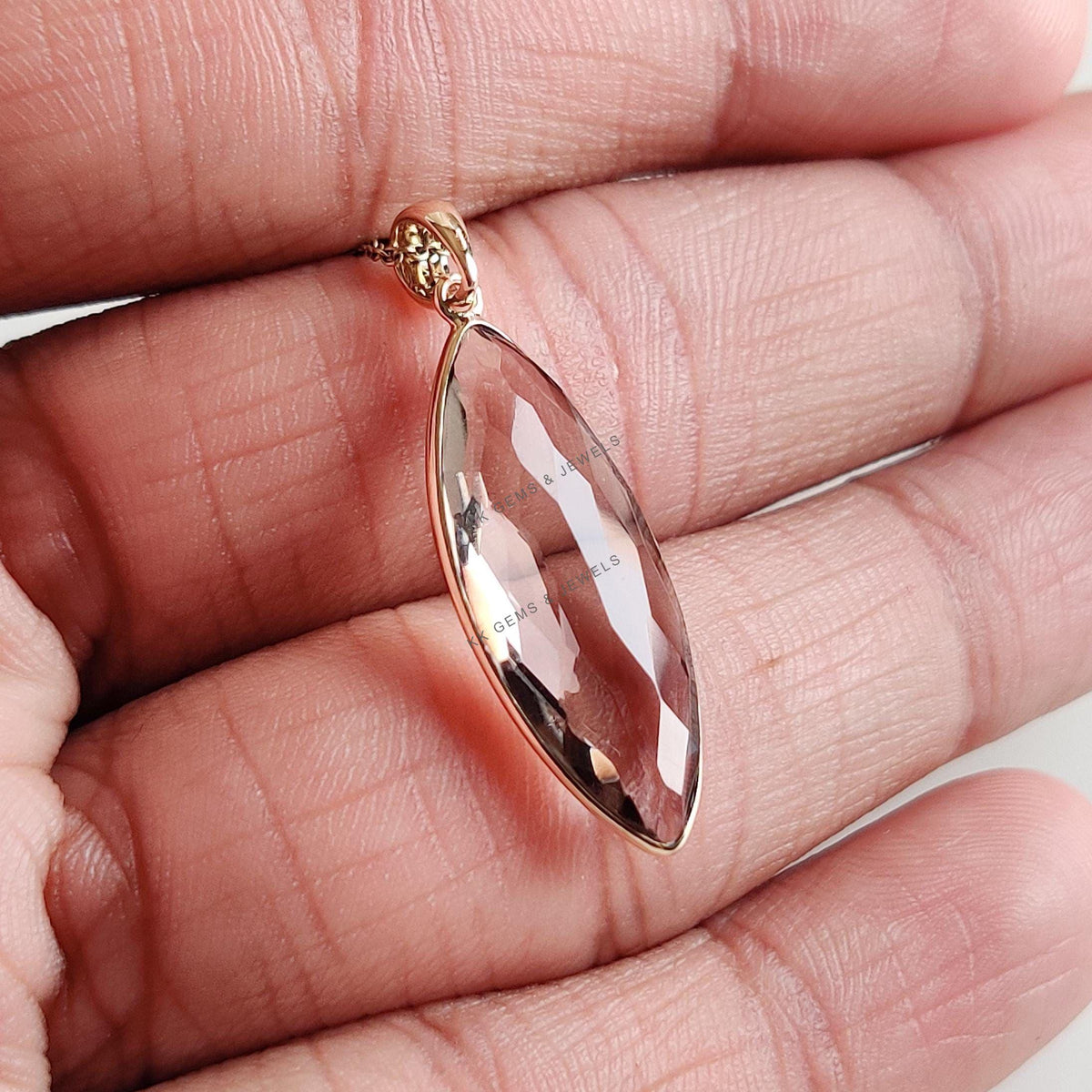 14K Solid Yellow Gold Natural Smoky Quartz Marquise Pendant, June Birthstone