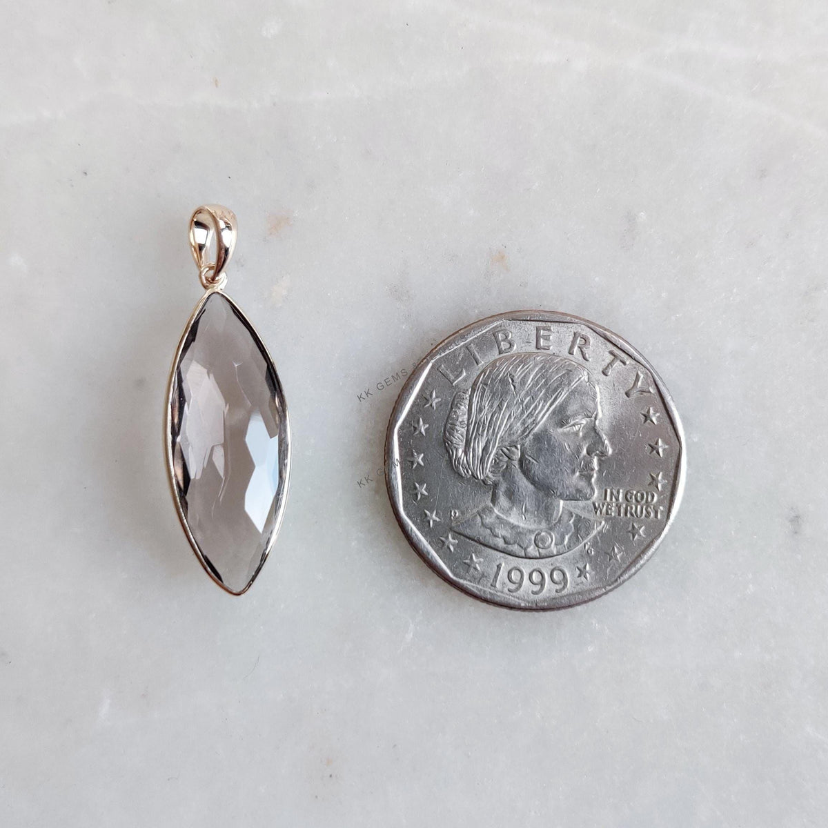 14K Solid Yellow Gold Natural Smoky Quartz Marquise Pendant, June Birthstone