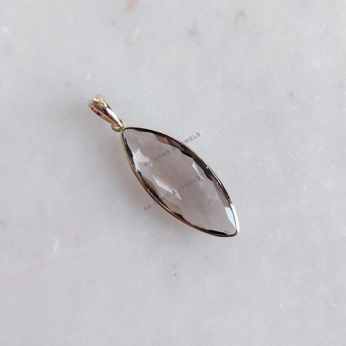 14K Solid Yellow Gold Natural Smoky Quartz Marquise Pendant, June Birthstone