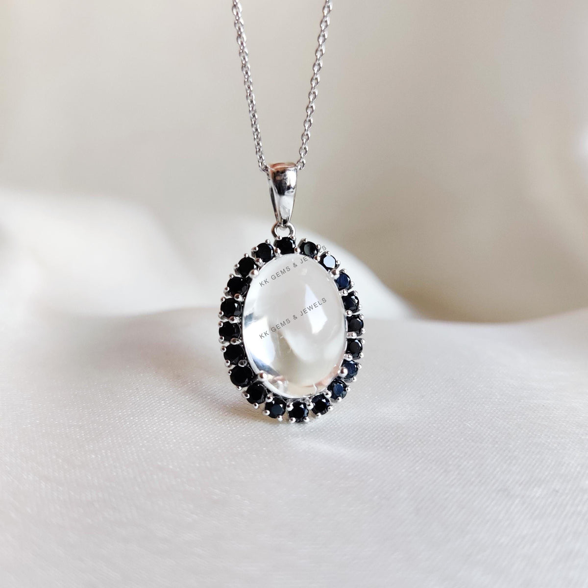 Natural Clear Quartz & Black Spinel Pendant, 14K Solid White Gold Halo Pendant