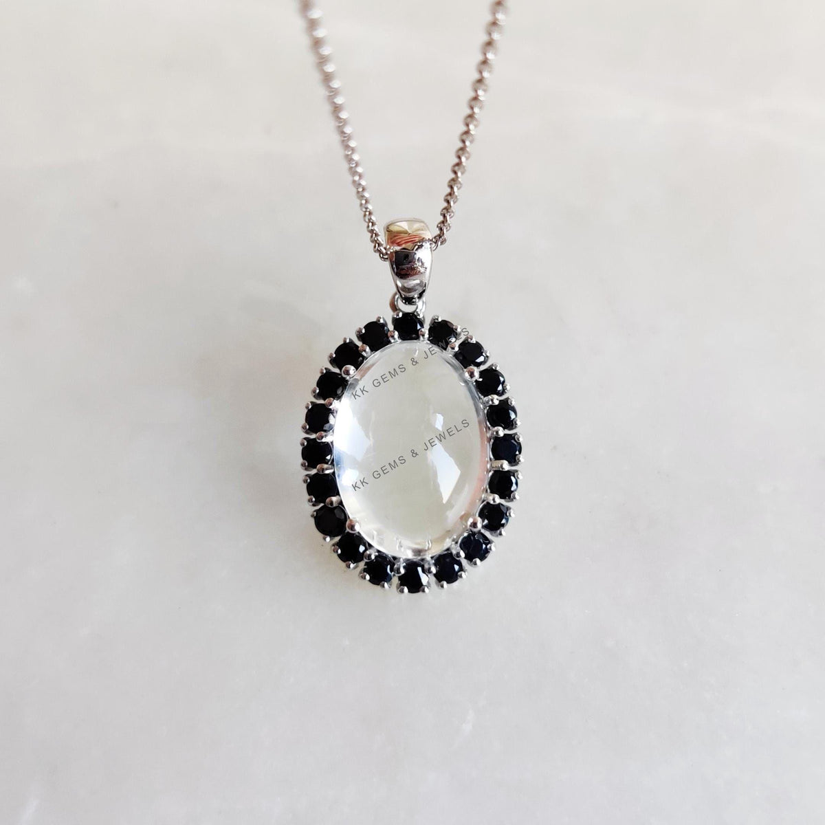 Natural Clear Quartz & Black Spinel Pendant, 14K Solid White Gold Halo Pendant