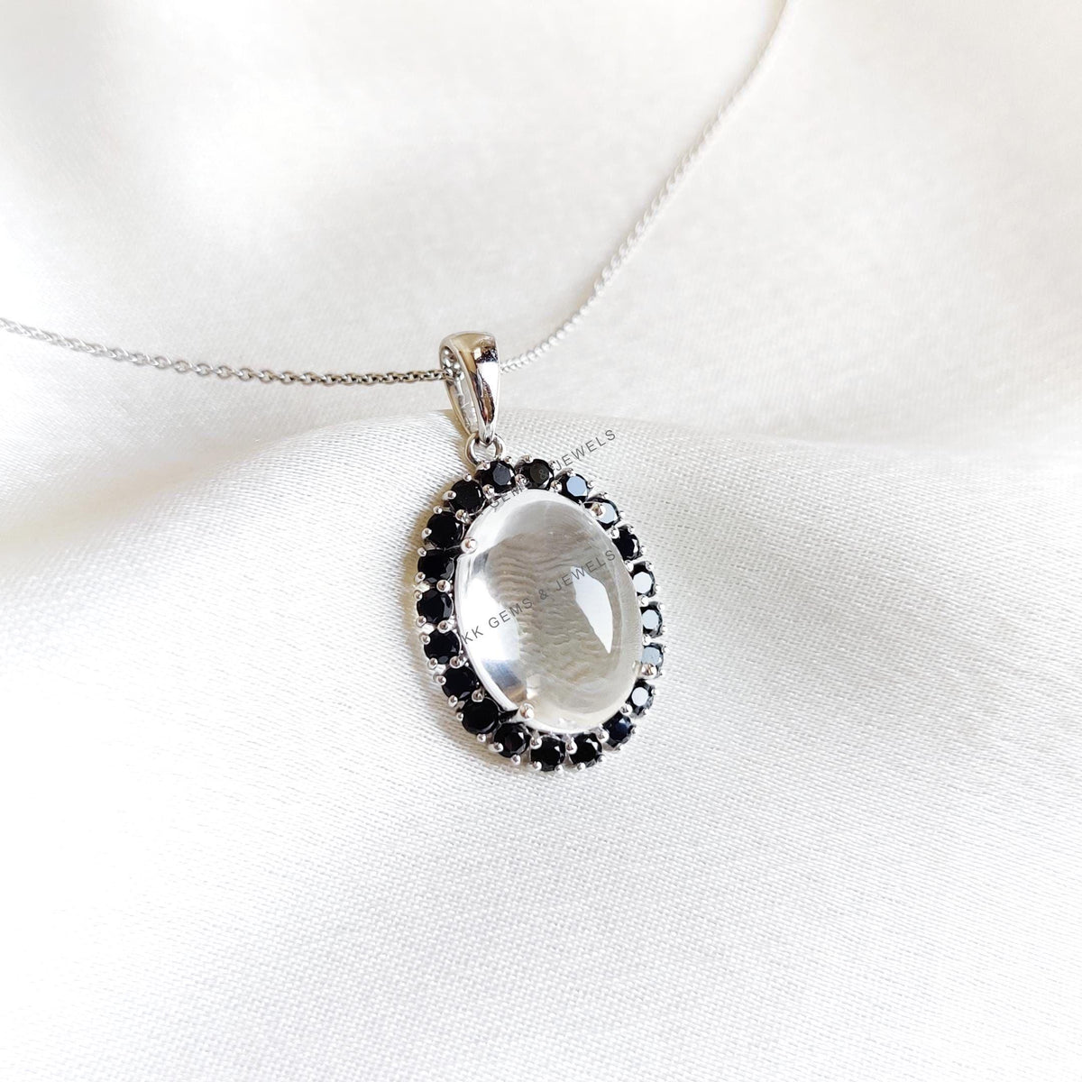 Natural Clear Quartz & Black Spinel Pendant, 14K Solid White Gold Halo Pendant