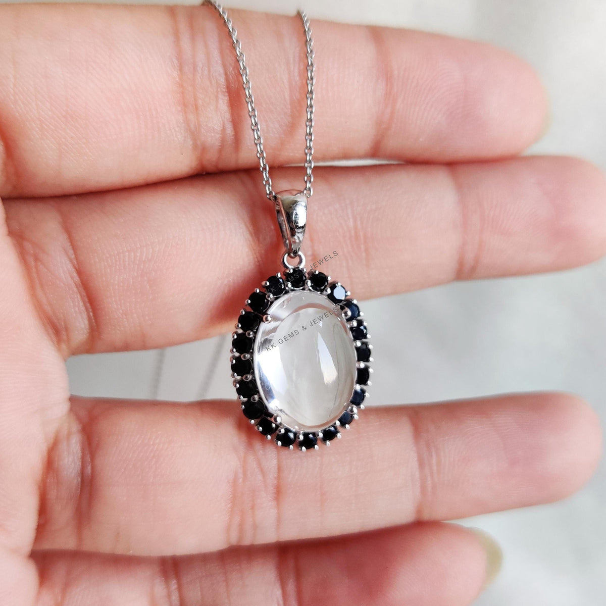 Natural Clear Quartz & Black Spinel Pendant, 14K Solid White Gold Halo Pendant