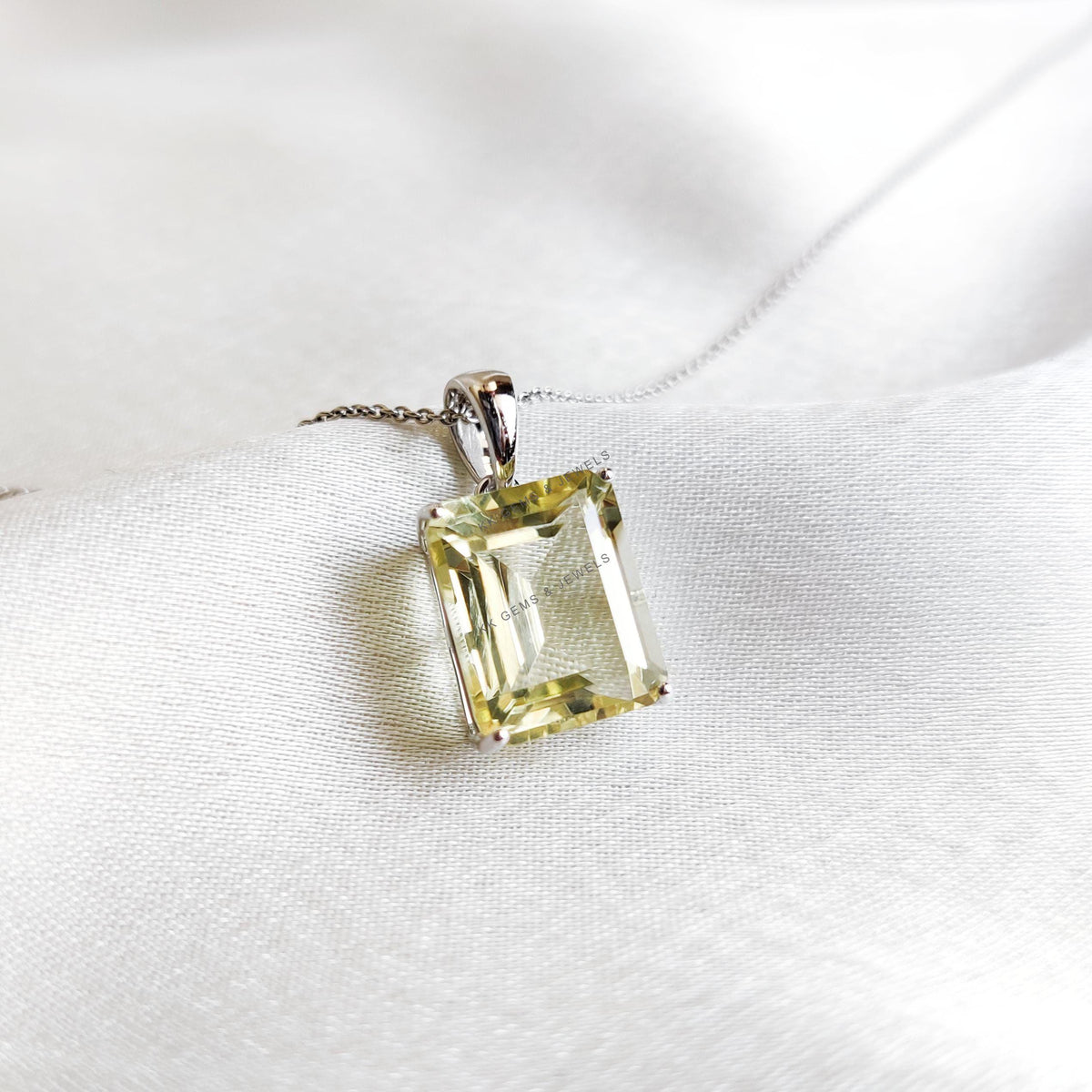 Natural Lemon Topaz Pendant, 14K Solid White Gold, November Birthstone