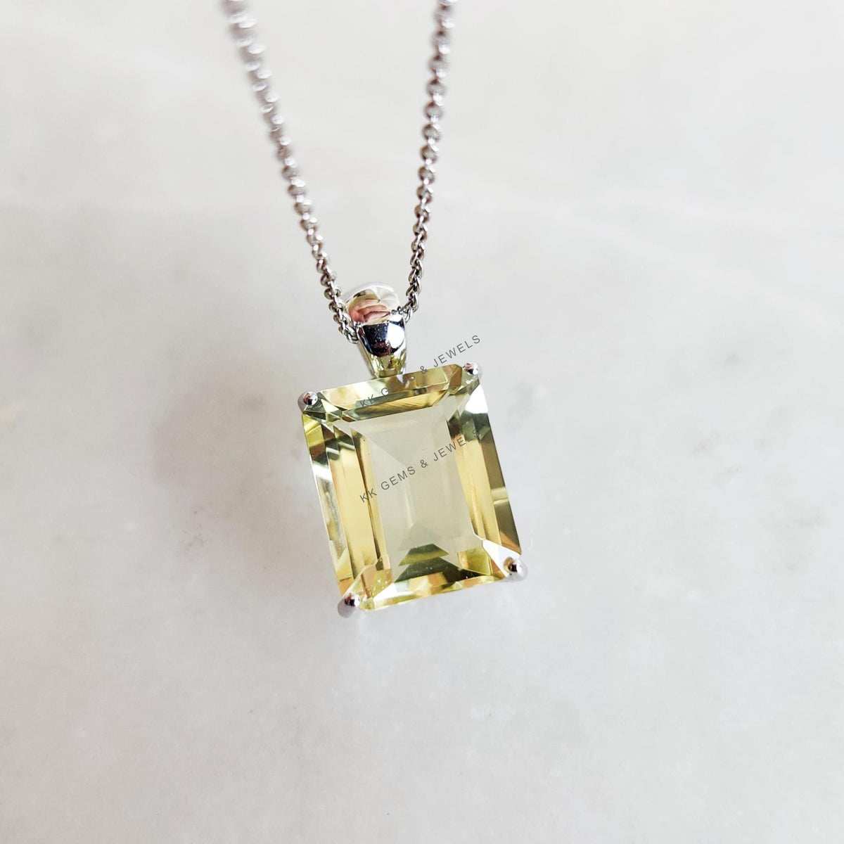 Natural Lemon Topaz Pendant, 14K Solid White Gold, November Birthstone