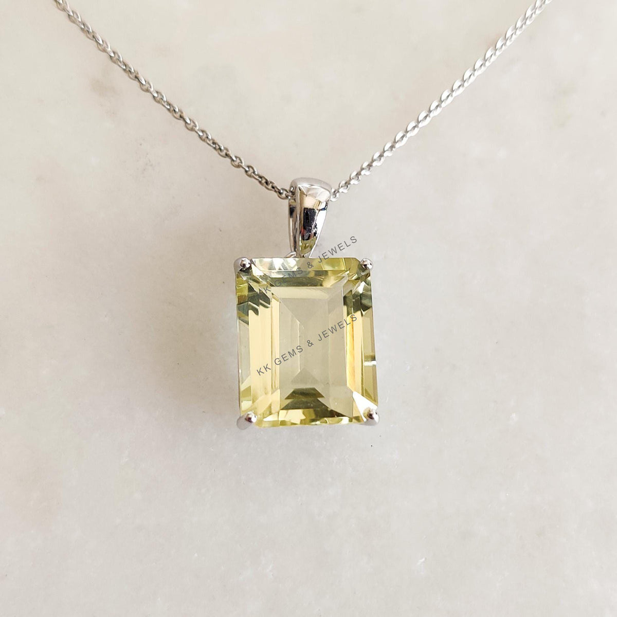 Natural Lemon Topaz Pendant, 14K Solid White Gold, November Birthstone