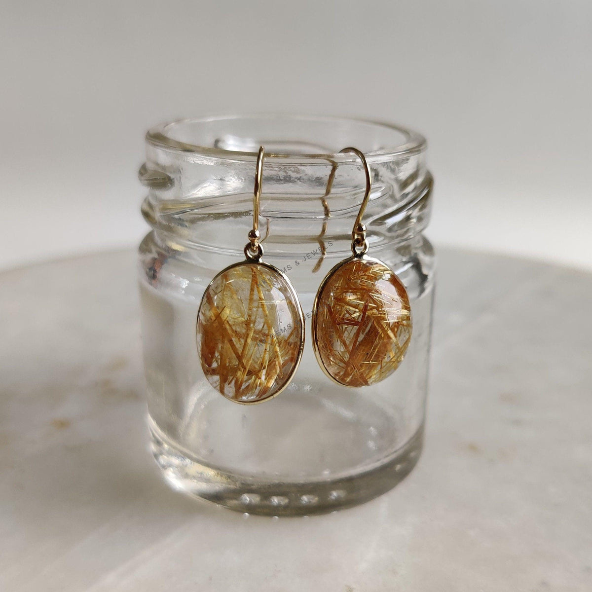 14K Solid Yellow Gold Natural Golden Rutile Bezel Earrings, April Birthstone