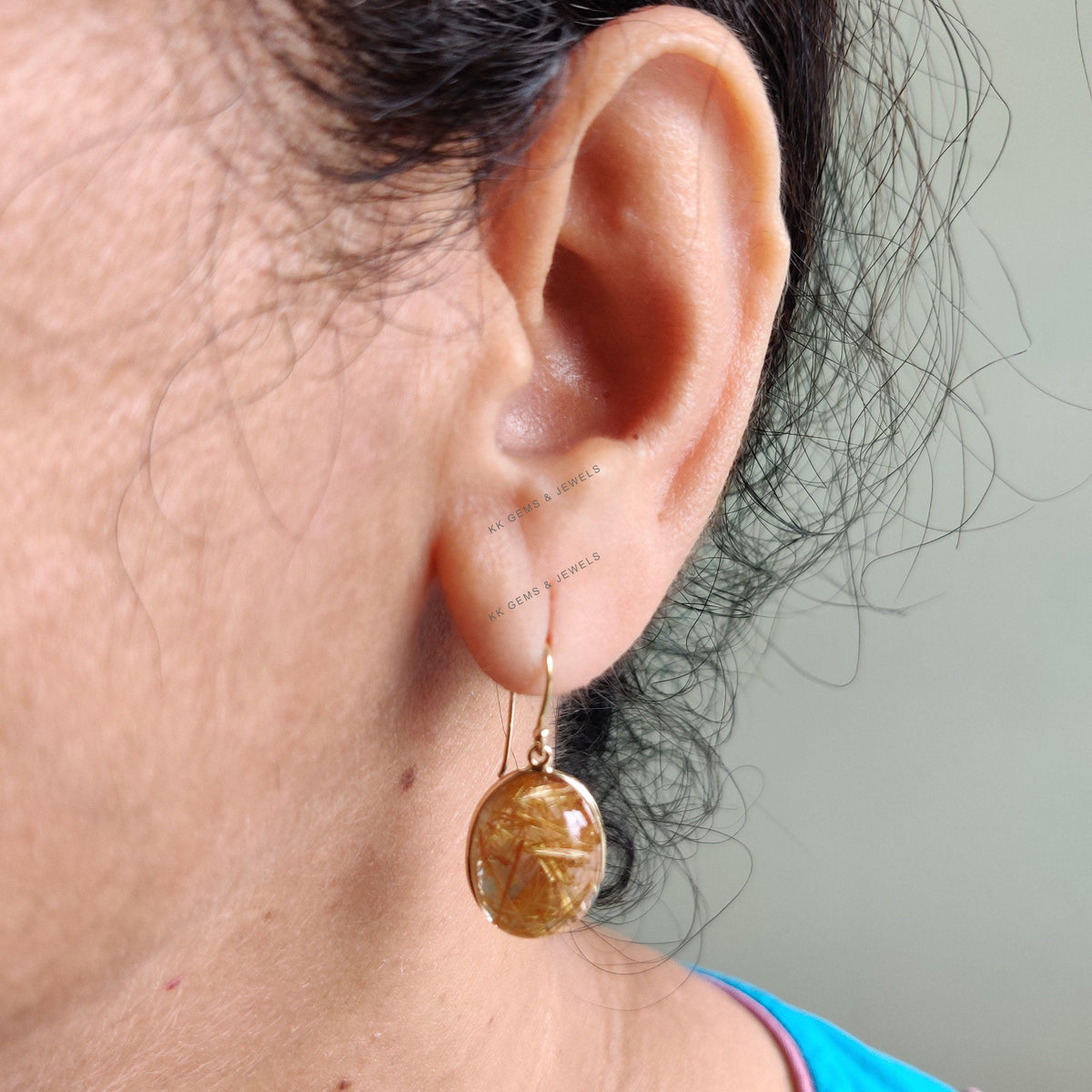 14K Solid Yellow Gold Natural Golden Rutile Bezel Earrings, April Birthstone