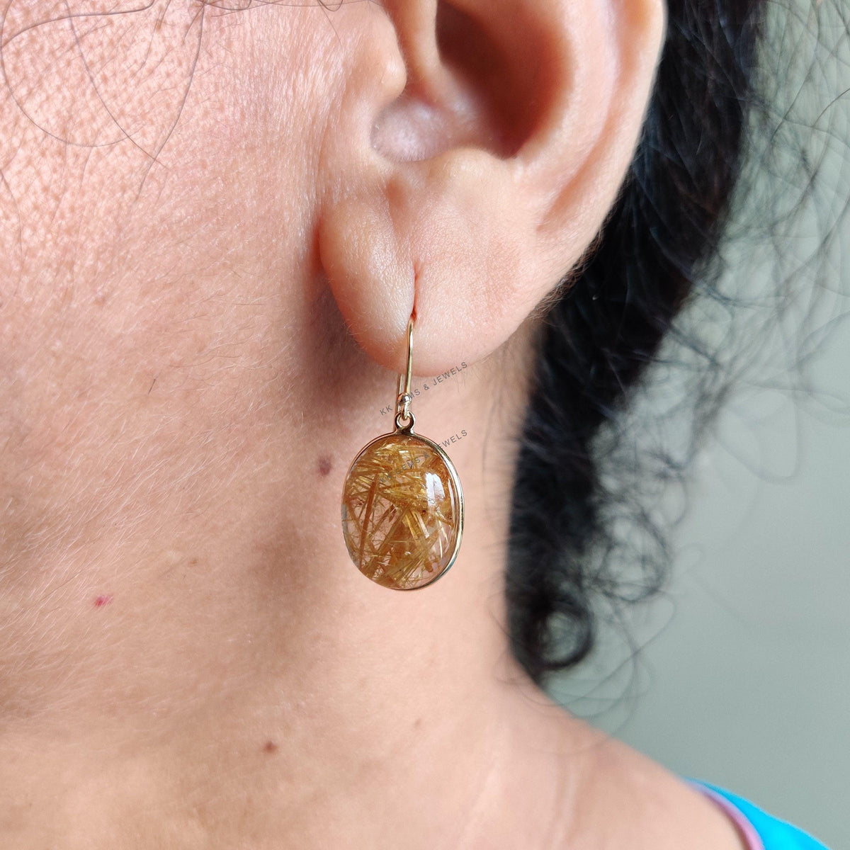 14K Solid Yellow Gold Natural Golden Rutile Bezel Earrings, April Birthstone