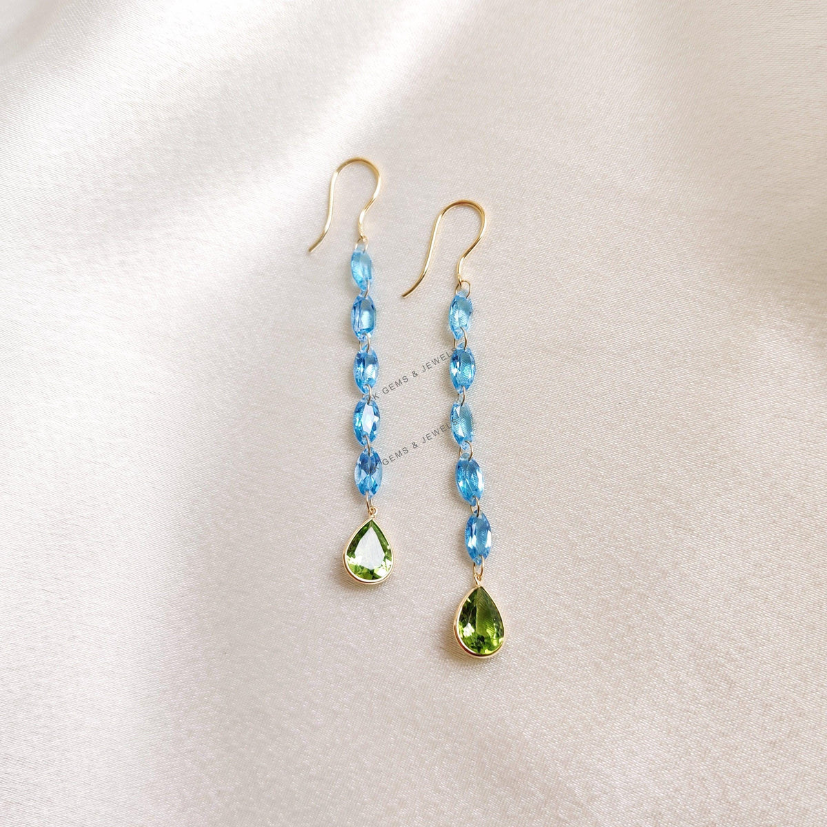 14K Solid Gold Natural Swiss Blue Topaz & Peridot Drop Earrings, Christmas Gift