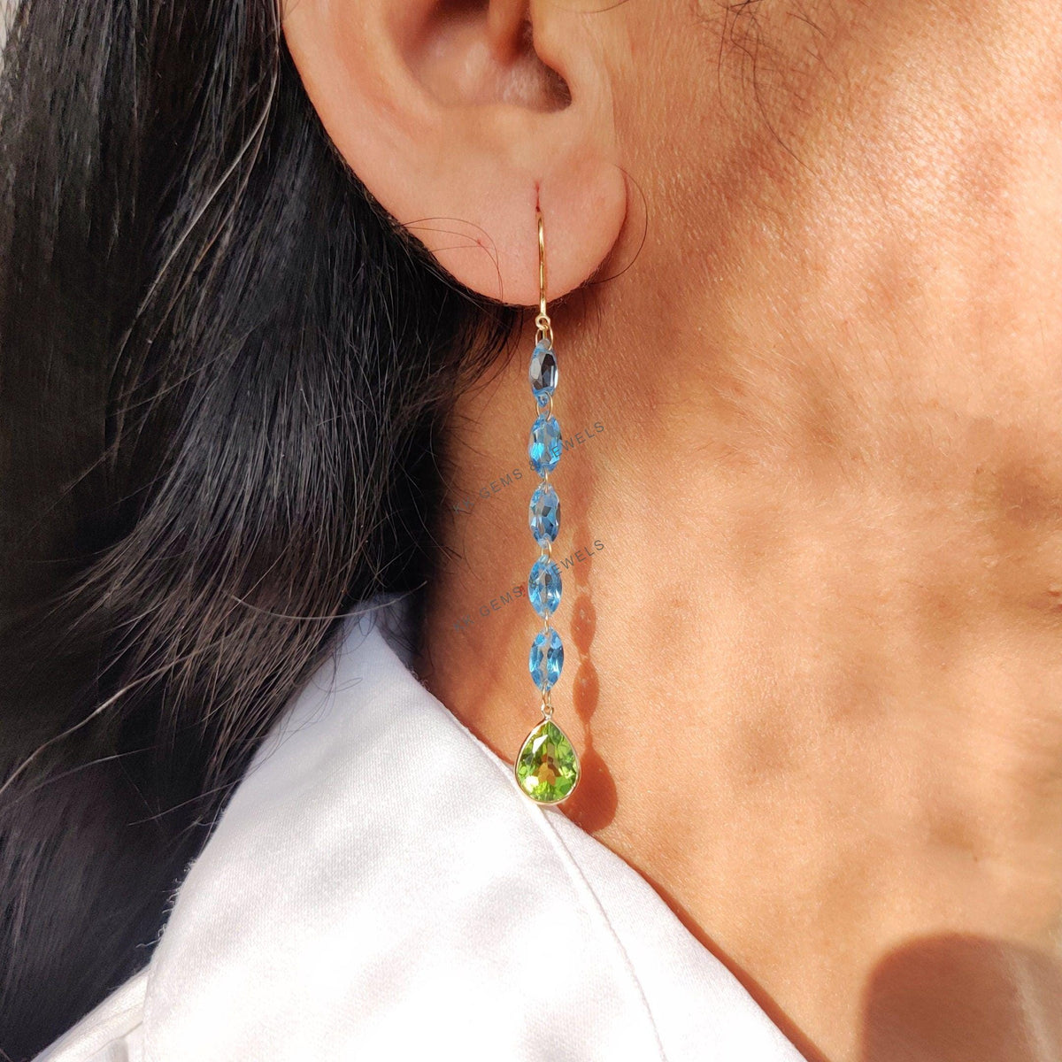 14K Solid Gold Natural Swiss Blue Topaz & Peridot Drop Earrings, Christmas Gift