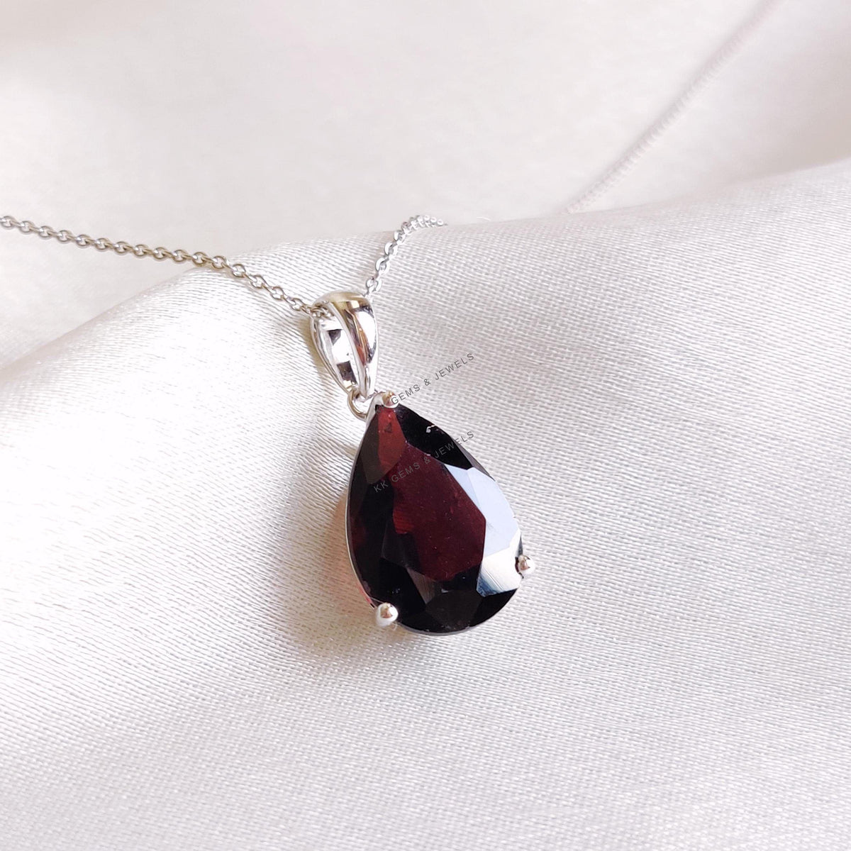 Pear Natural Garnet Pendant, 14K Solid White Gold, January Birthstone
