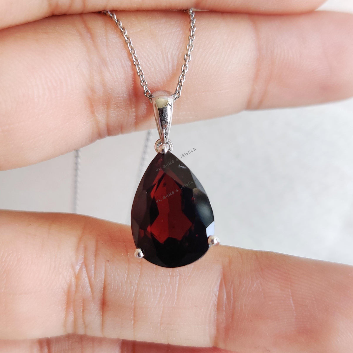 Pear Natural Garnet Pendant, 14K Solid White Gold, January Birthstone