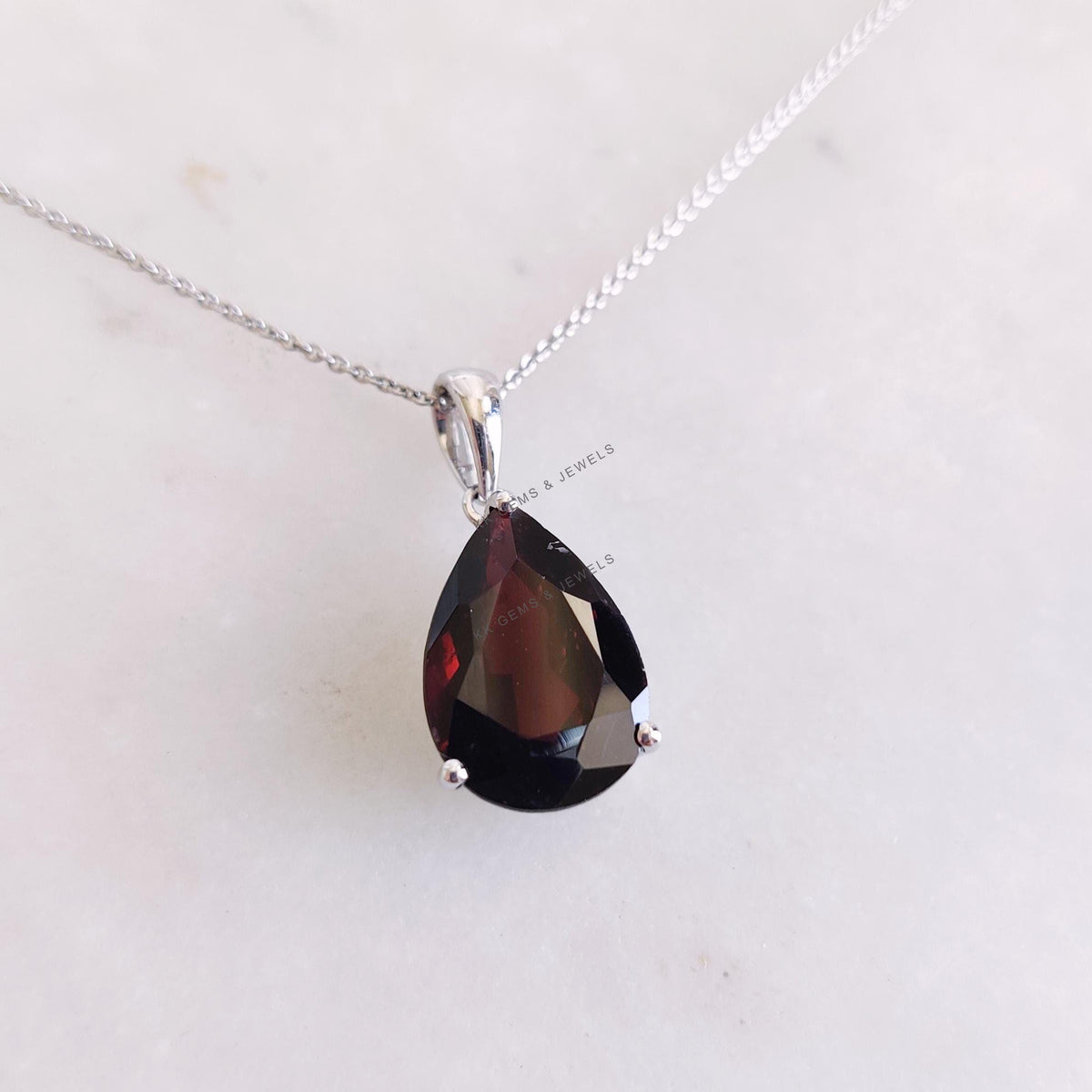 Pear Natural Garnet Pendant, 14K Solid White Gold, January Birthstone