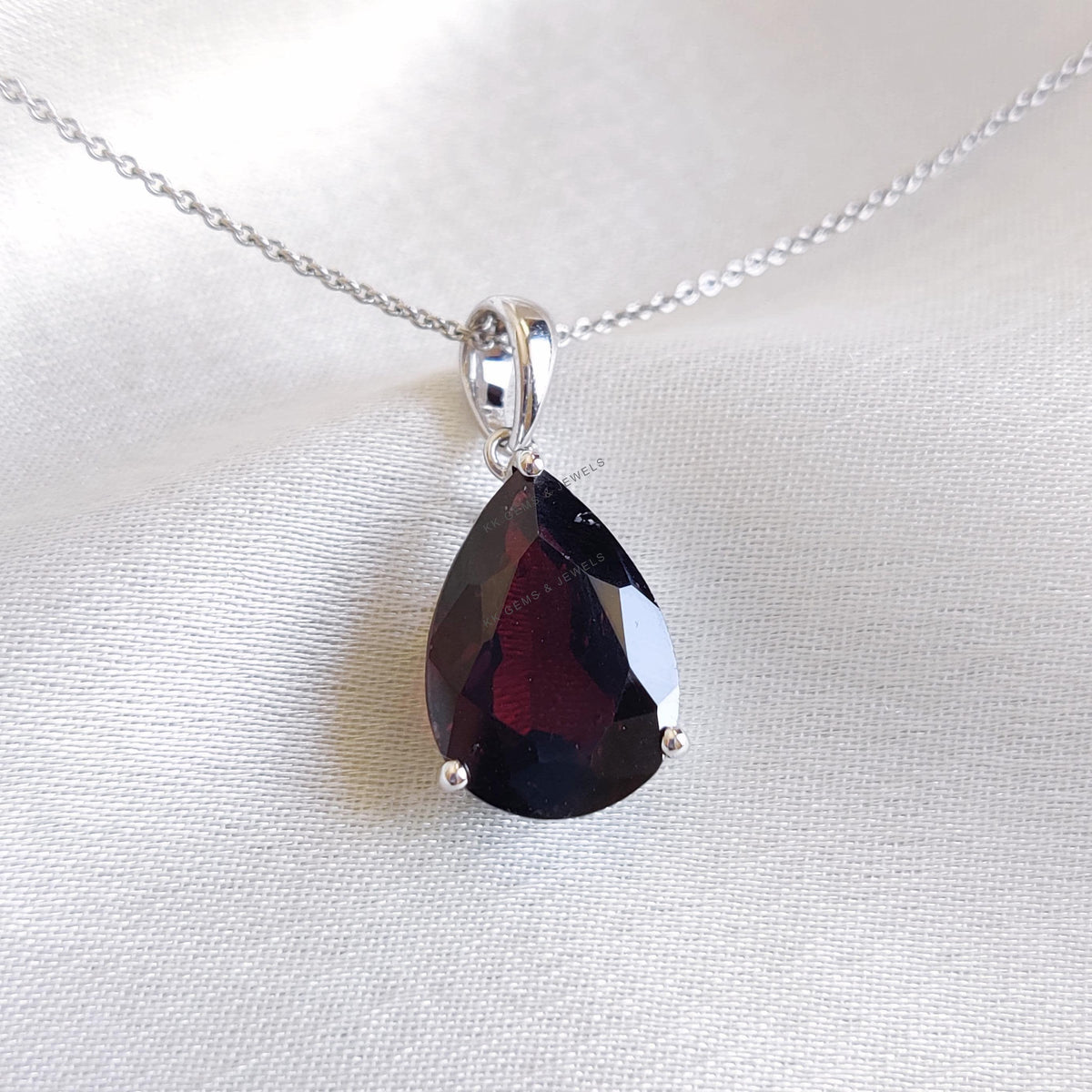 Pear Natural Garnet Pendant, 14K Solid White Gold, January Birthstone