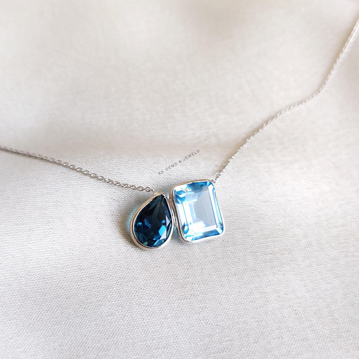 Natural Swiss & London Blue Topaz 14K Solid White Gold Chain Necklace, December Birthstone