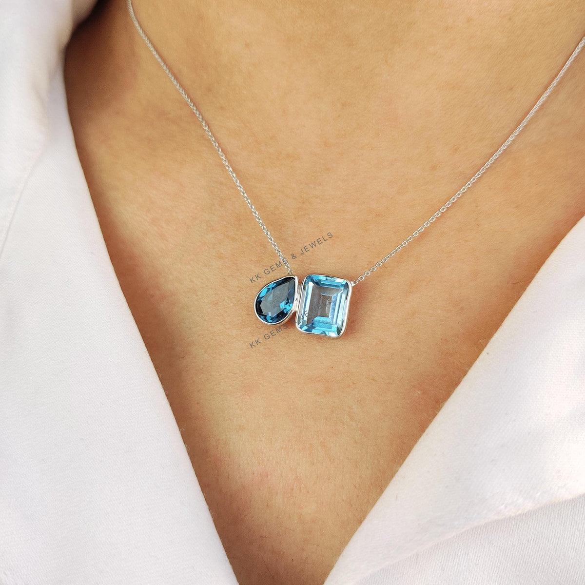 Natural Swiss & London Blue Topaz 14K Solid White Gold Chain Necklace, December Birthstone