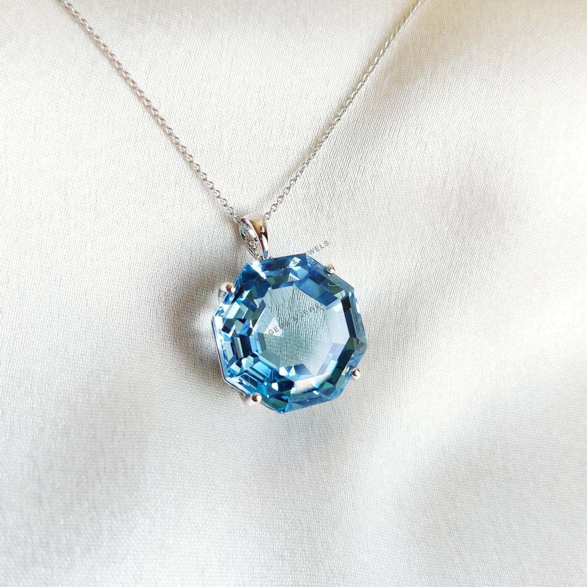 Natural Sky Blue Topaz Pendant, 14K Solid White Gold, December Birthstone
