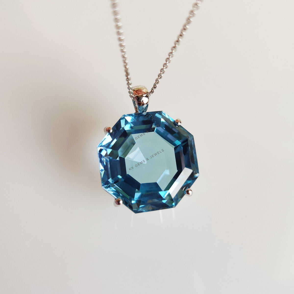 Natural Sky Blue Topaz Pendant, 14K Solid White Gold, December Birthstone