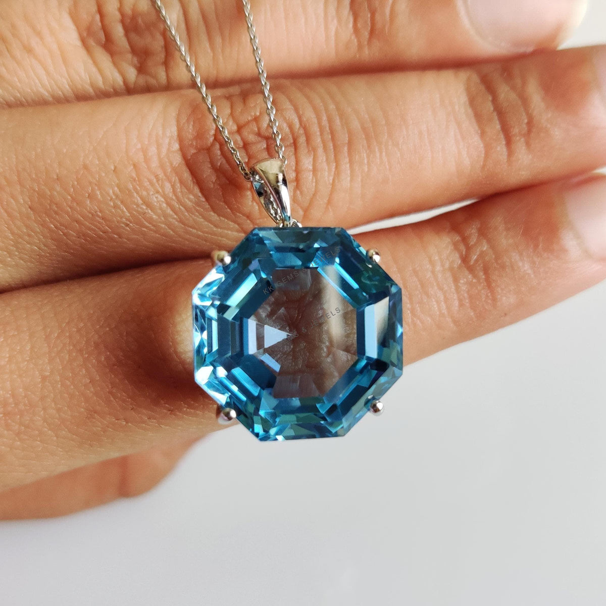 Natural Sky Blue Topaz Pendant, 14K Solid White Gold, December Birthstone