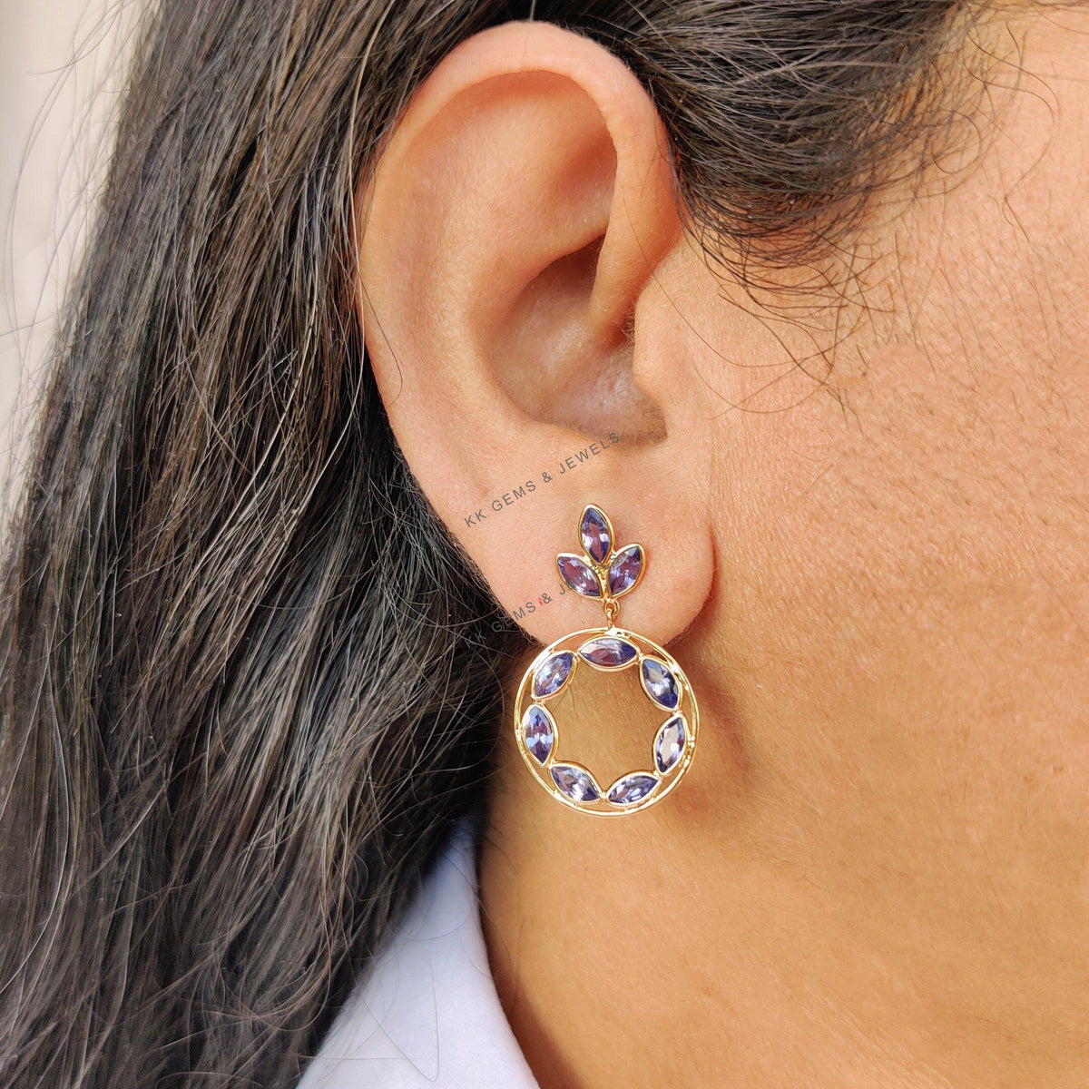 14k Solid Gold Natural Tanzanite Flower Loop Earrings, December Birthstone