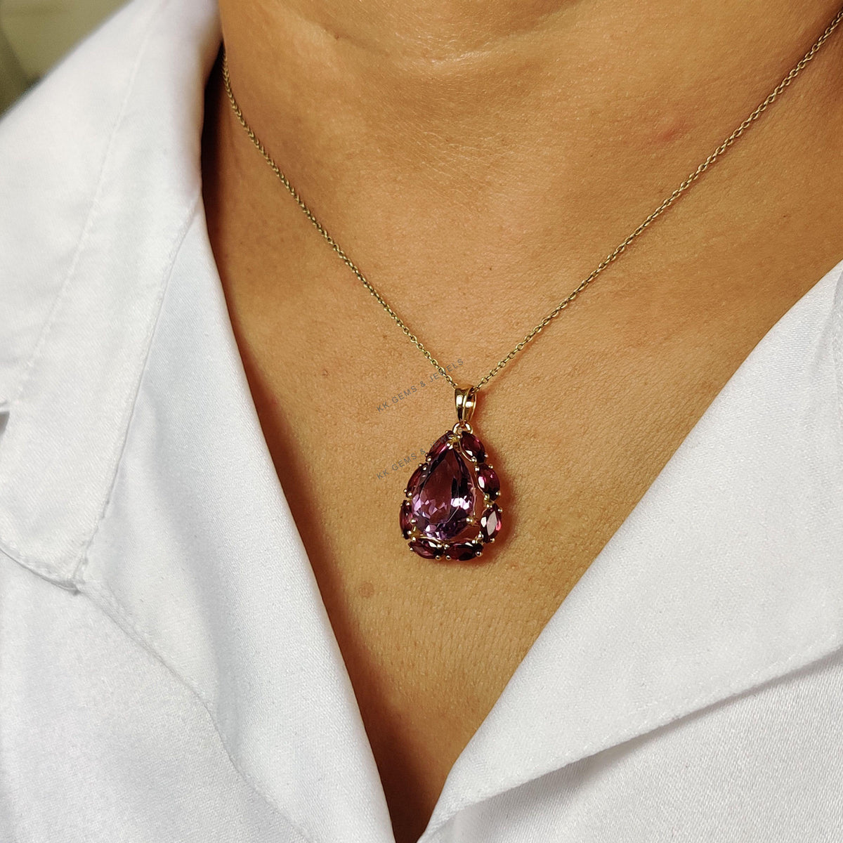 14K Solid Gold Natural Purple Amethyst & Rhodolite Garnet Pendant, February Birthstone