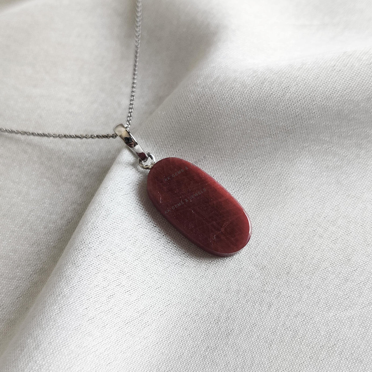 Natural Ruby Oval Stiger Pendant, 14K Solid  White Gold, July Birthstone