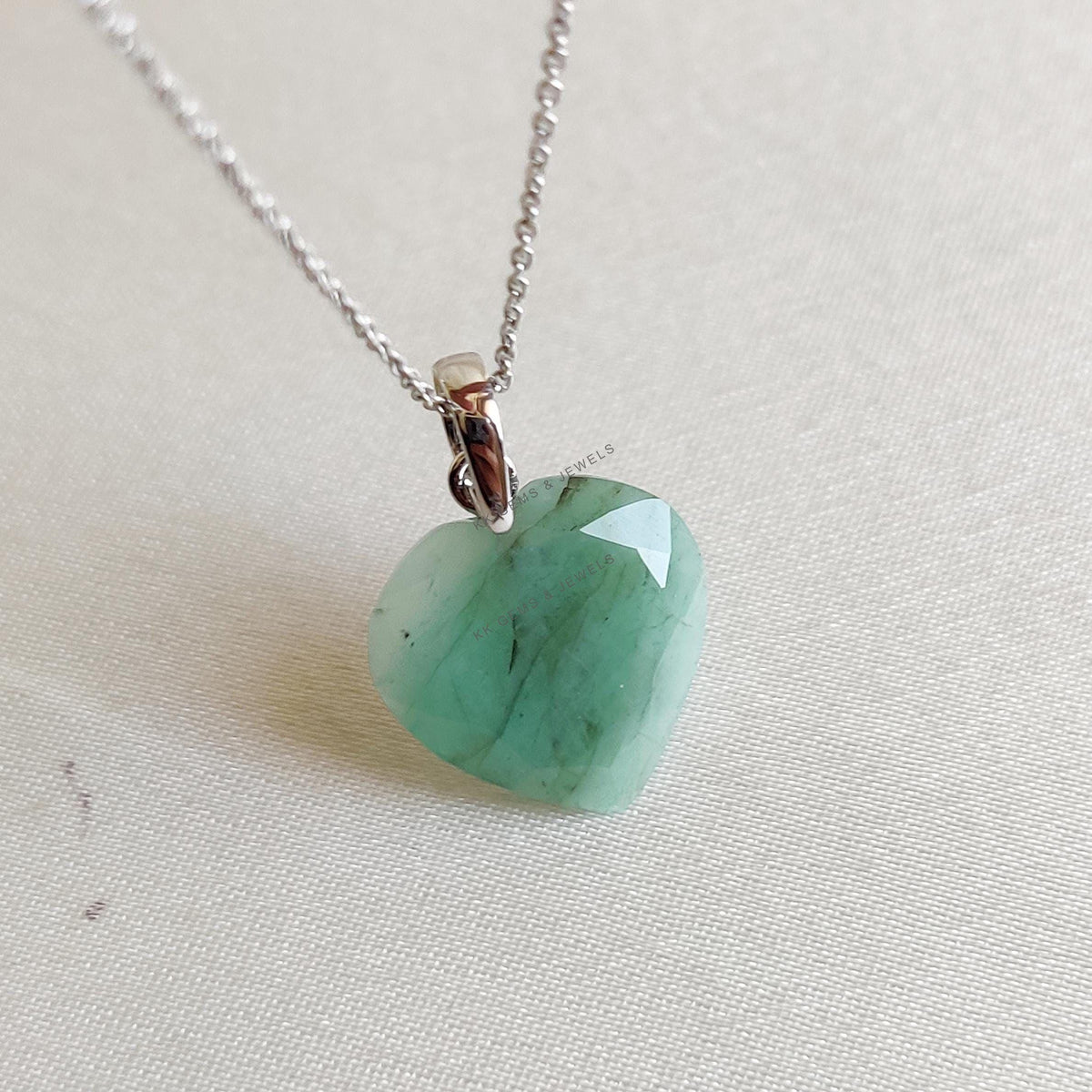 Natural Emerald Heart Pendant, 14K Solid White Gold, May Birthstone