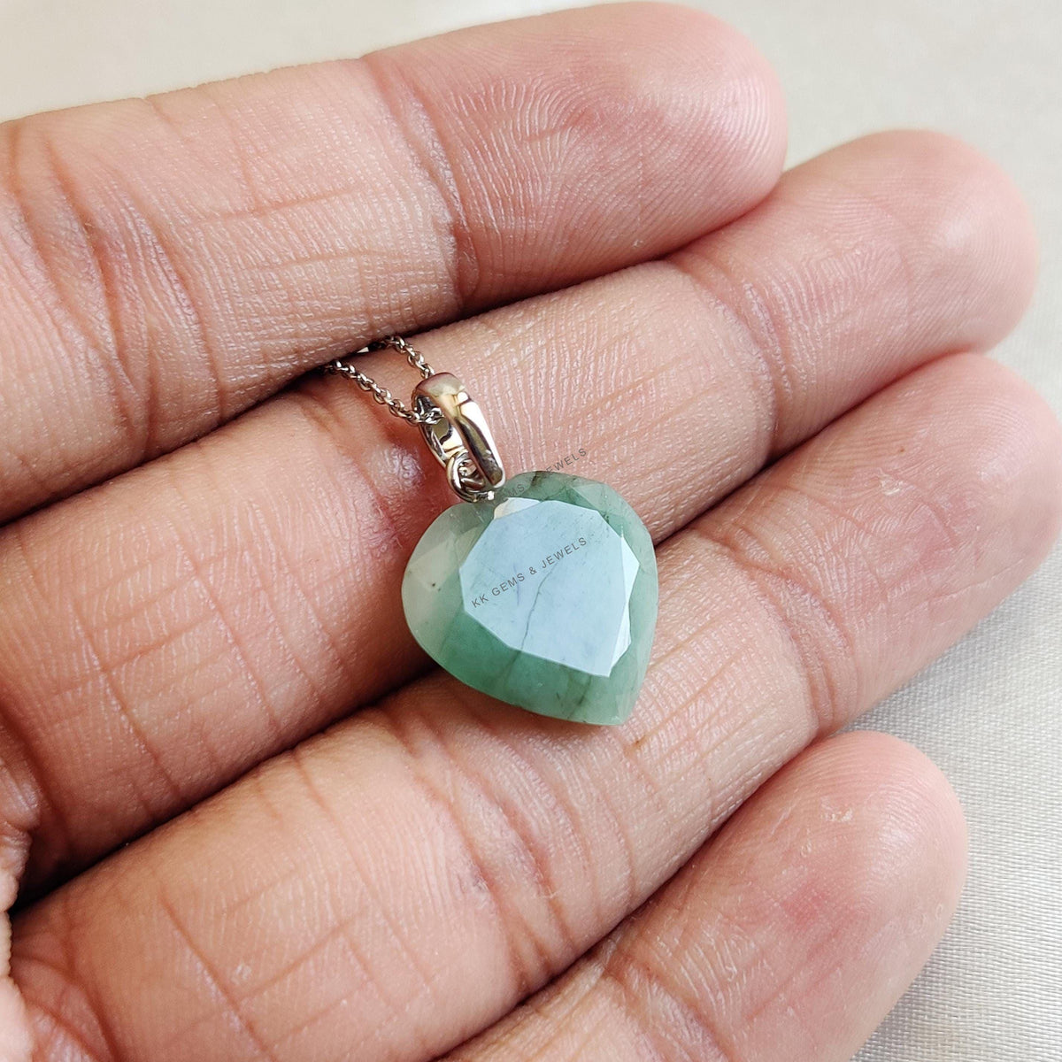 Natural Emerald Heart Pendant, 14K Solid White Gold, May Birthstone