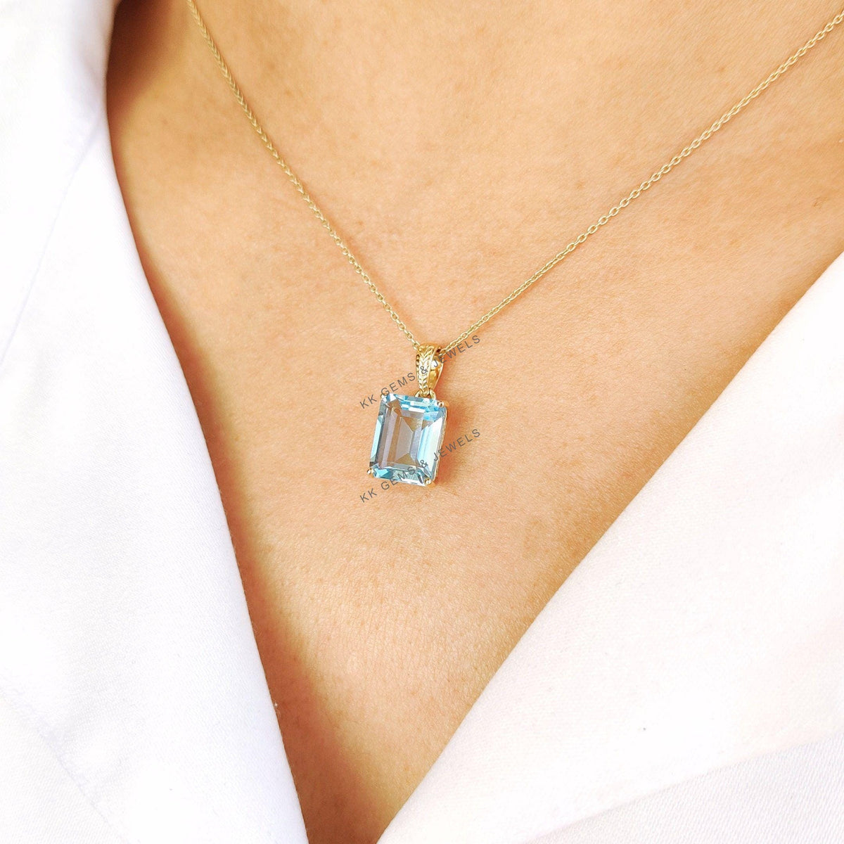 Natural Sky Blue Topaz Pendant, 14K Solid Yellow Gold, December Birthstone