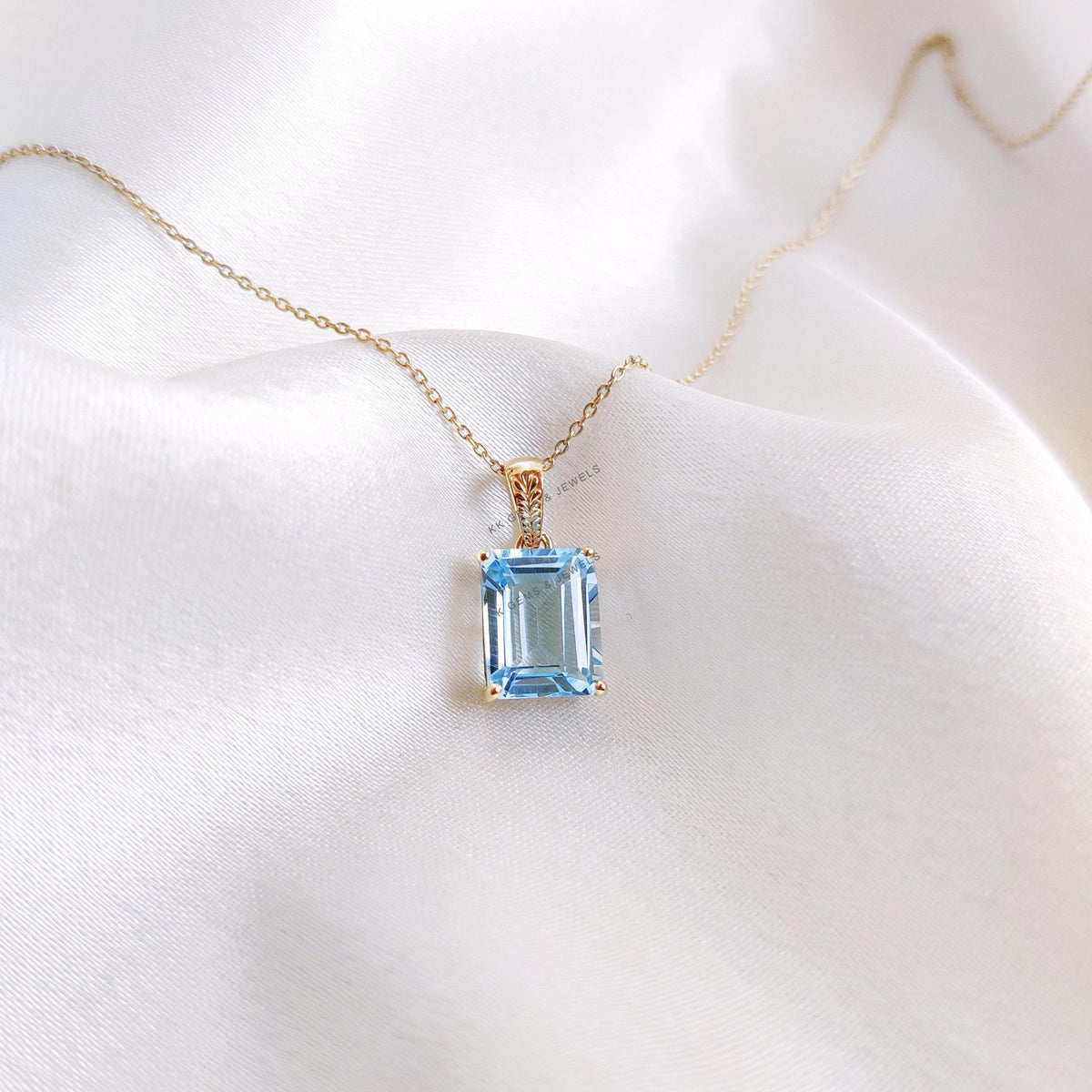 Natural Sky Blue Topaz Pendant, 14K Solid Yellow Gold, December Birthstone
