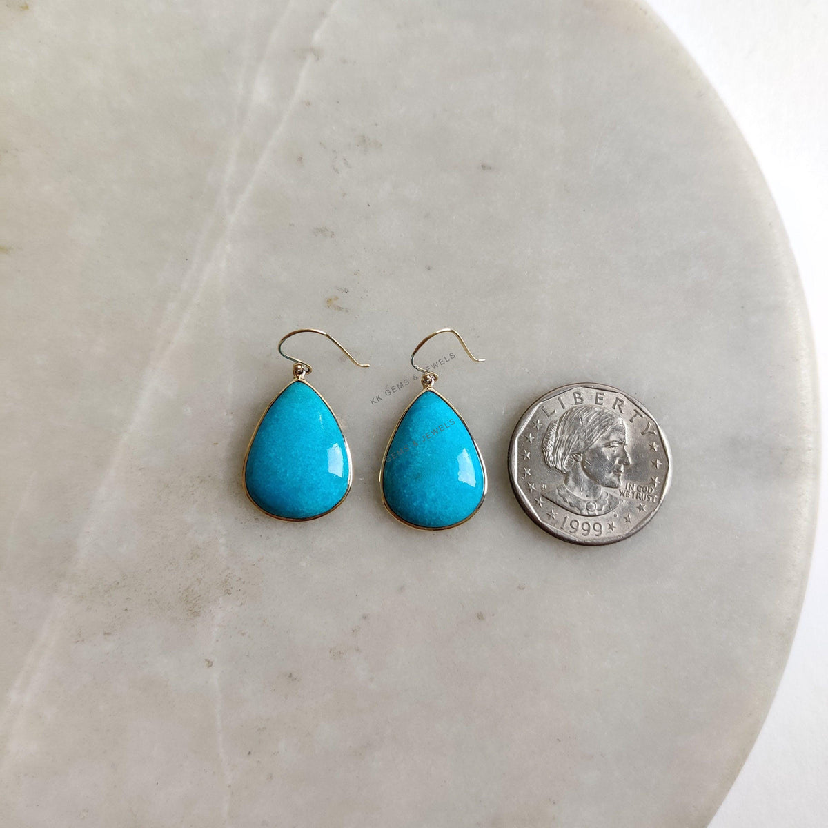 Natural Sleeping Beauty Turquoise Earrings, 14K Solid Yellow Gold Pear Jewelry