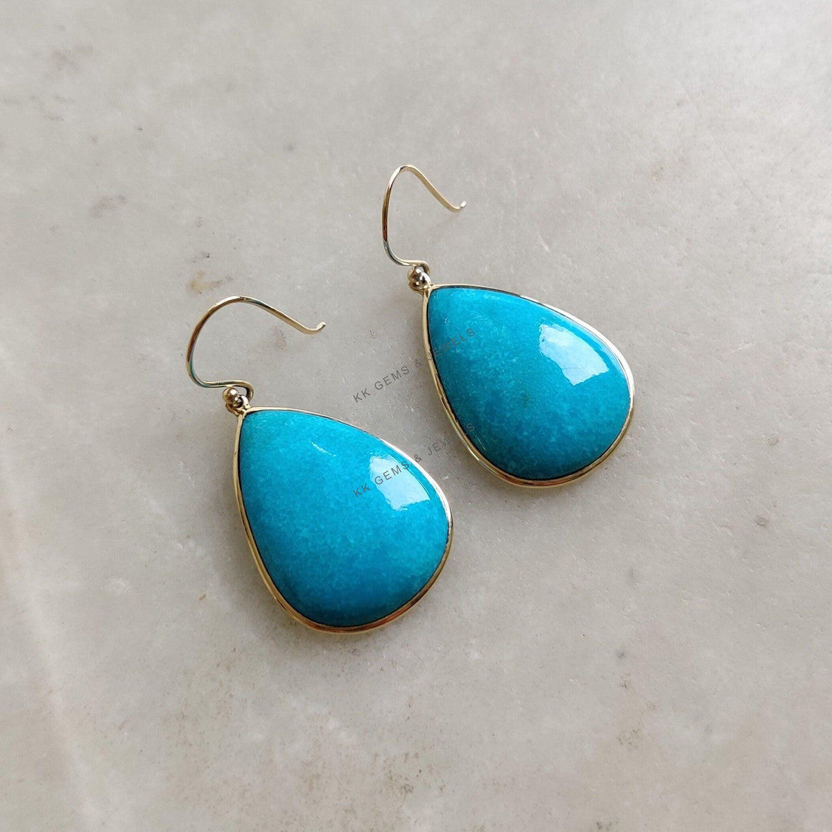 Natural Sleeping Beauty Turquoise Earrings, 14K Solid Yellow Gold Pear Jewelry