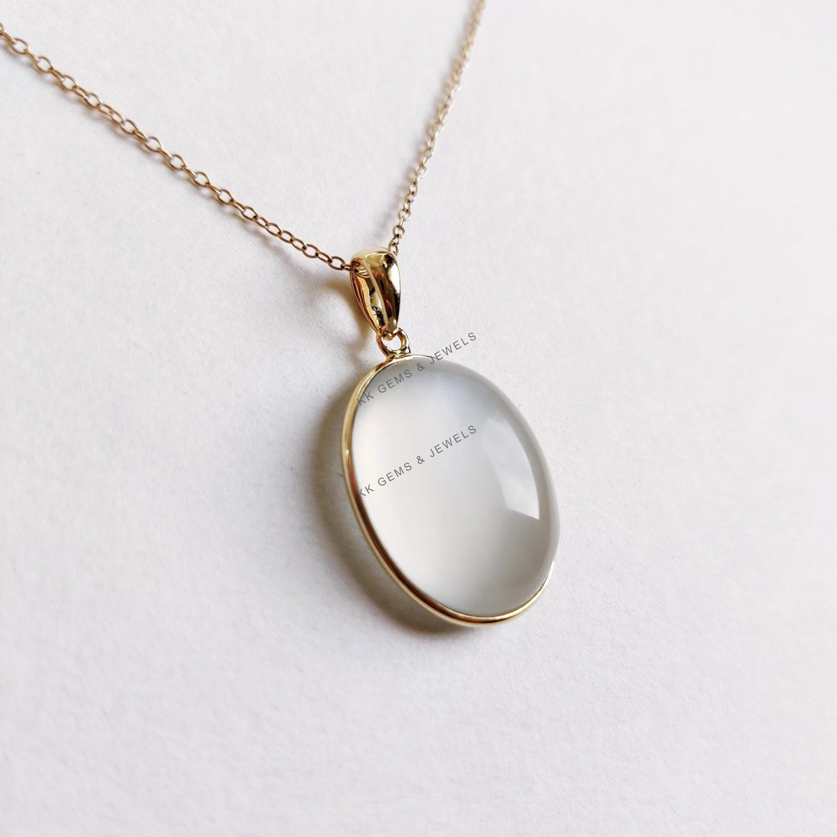 14K Solid Yellow Gold Natural White Moonstone Bezel Pendant, June Birthstone