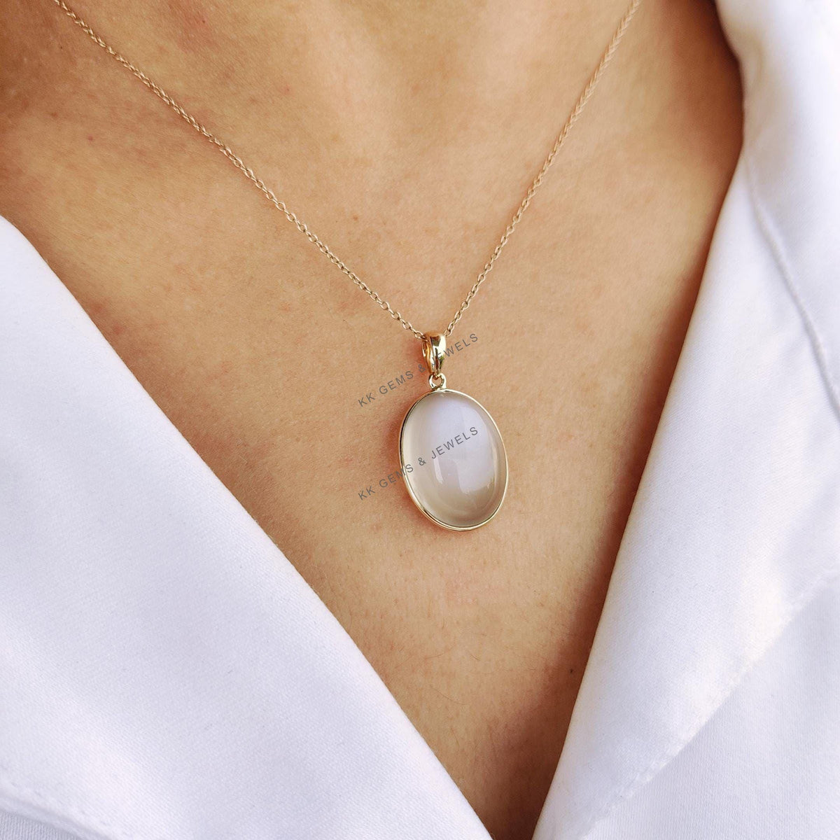 14K Solid Yellow Gold Natural White Moonstone Bezel Pendant, June Birthstone