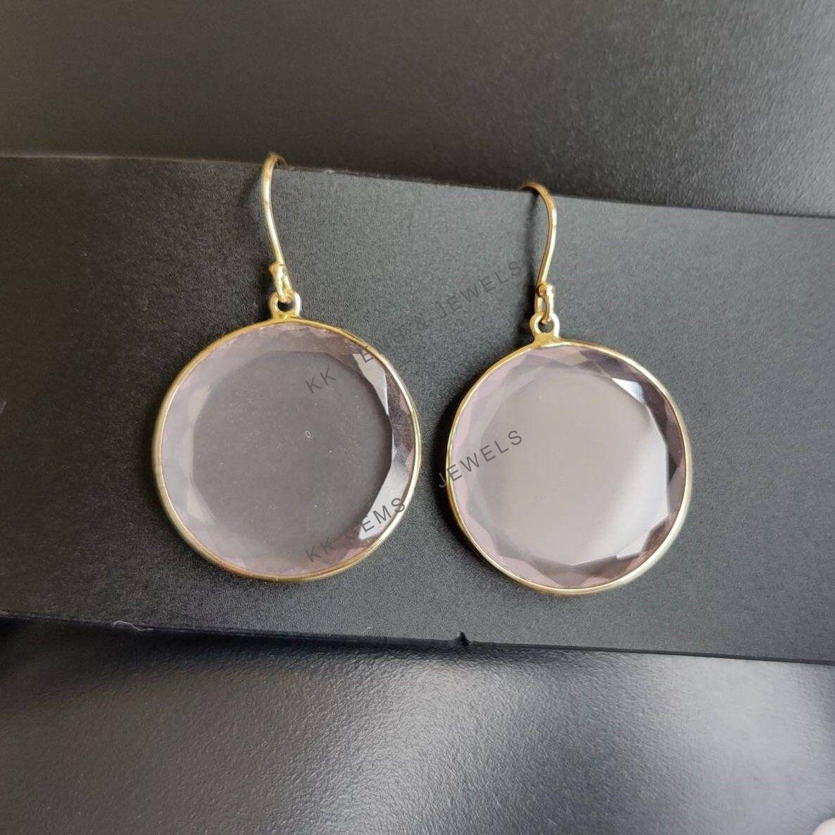 14K Solid Yellow Gold Natural Rose Quartz Round Bezel Earrings, January Birthstone