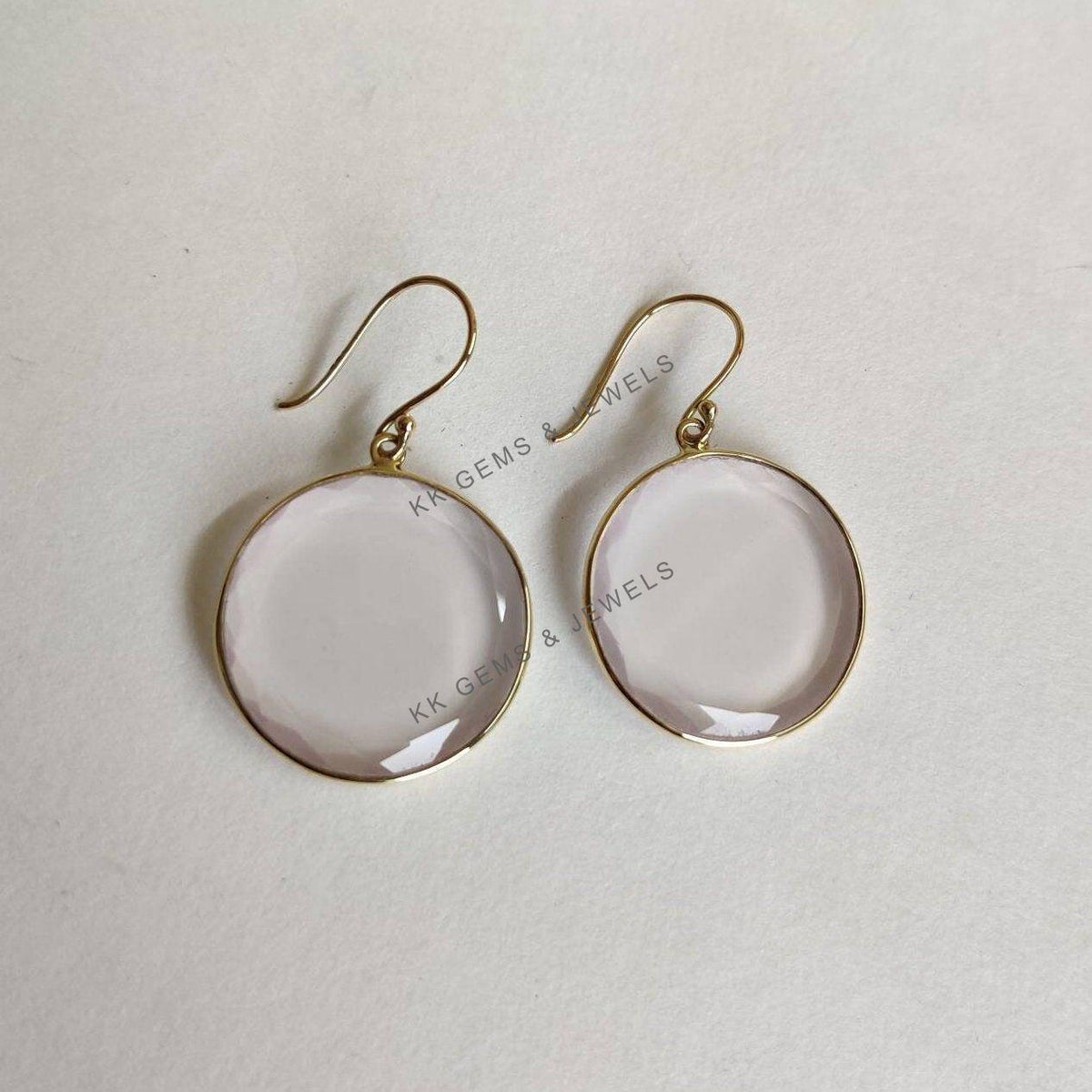 14K Solid Yellow Gold Natural Rose Quartz Round Bezel Earrings, January Birthstone
