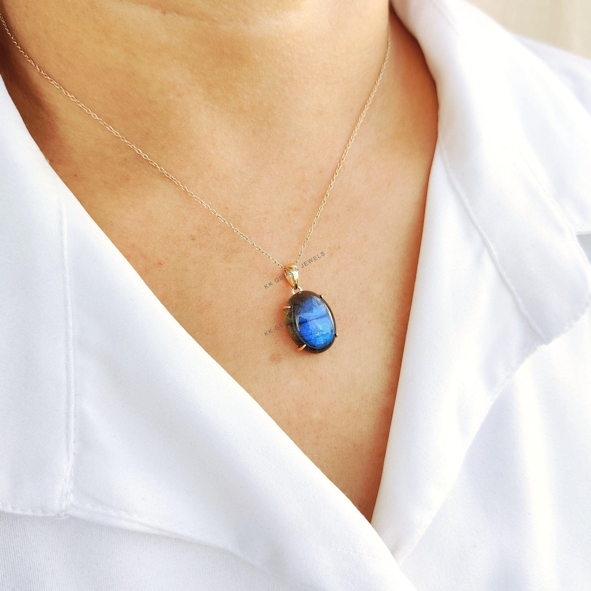 Natural Blue Labradorite Pendant, 14K Solid Yellow Gold, Oval Cabochon