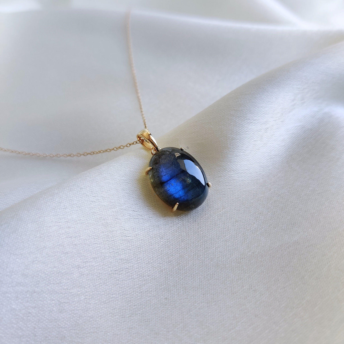 Natural Blue Labradorite Pendant, 14K Solid Yellow Gold, Oval Cabochon