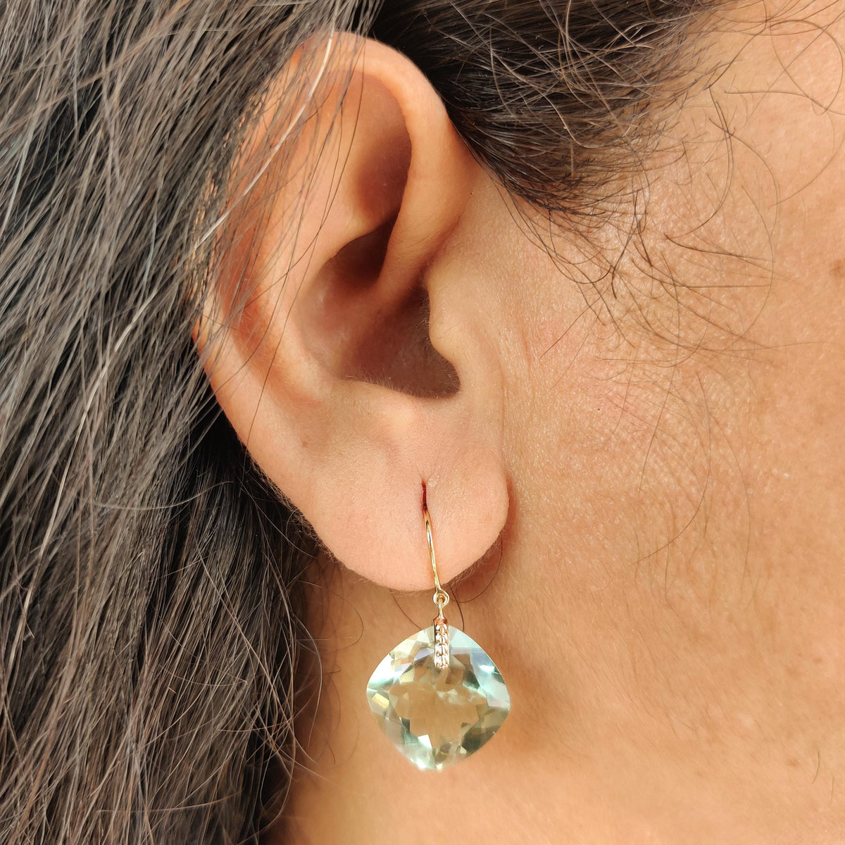 Natural Green Amethyst Drill Earrings, 14K Solid Yellow Gold, February Birthstone