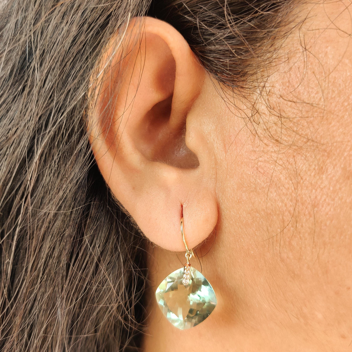 Natural Green Amethyst Drill Earrings, 14K Solid Yellow Gold, February Birthstone